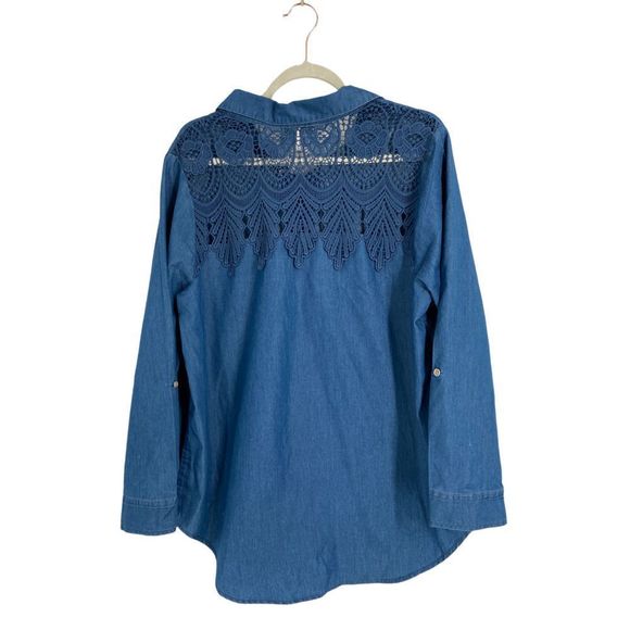 cj banks Blue Chambray Embroidered Details Lace Up Long Sleeve Top X - Picture 1 of 6